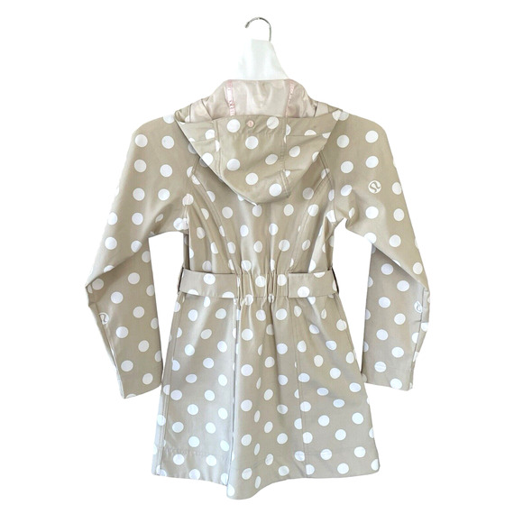 LULULEMON Size Small Beige White Polka Dot Front Zip Hooded Belt Rain Jacket - Picture 3 of 10